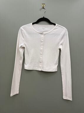 No Boundaries White Pointelle Crop Cardigan Button Front Baby Tee Y2K Size S 4-6
